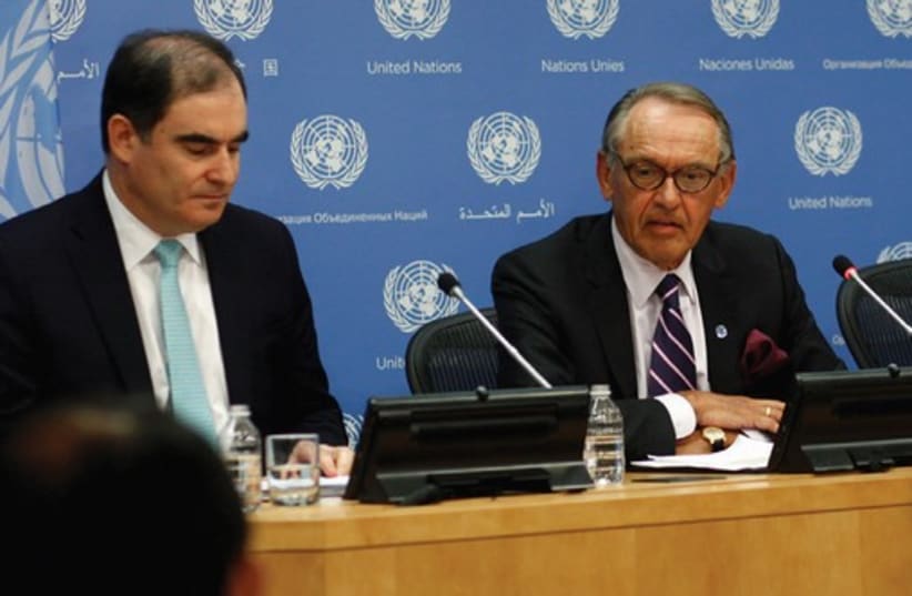 UN DEPUTY Secretary-General Jan Eliasson (R) speaks to reporters at the UN in New York, alongside John Ging, director of operations for the UN Office for the Coordination of Humanitarian Affairs. (photo credit: REUTERS)