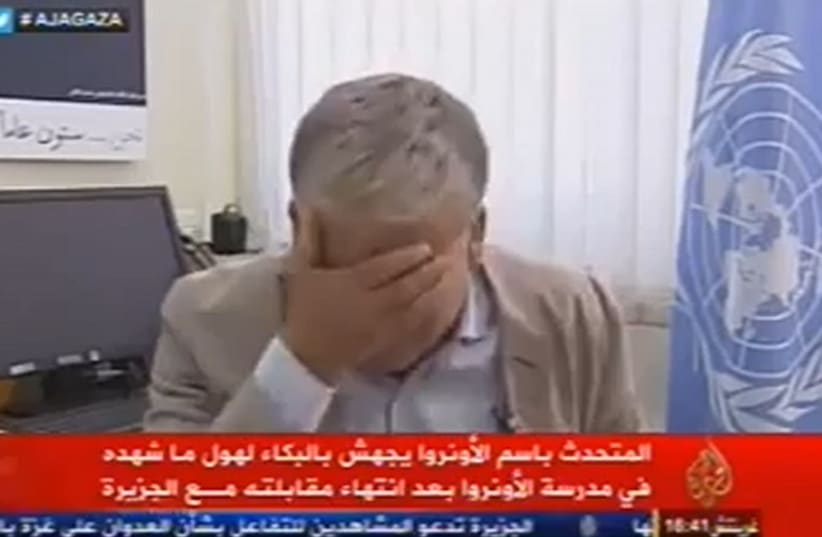 UNRWA spokesperson Chris Gunness breaks down in tears during interview with Al Jazeera. (photo credit: YOUTUBE SCREENSHOT)