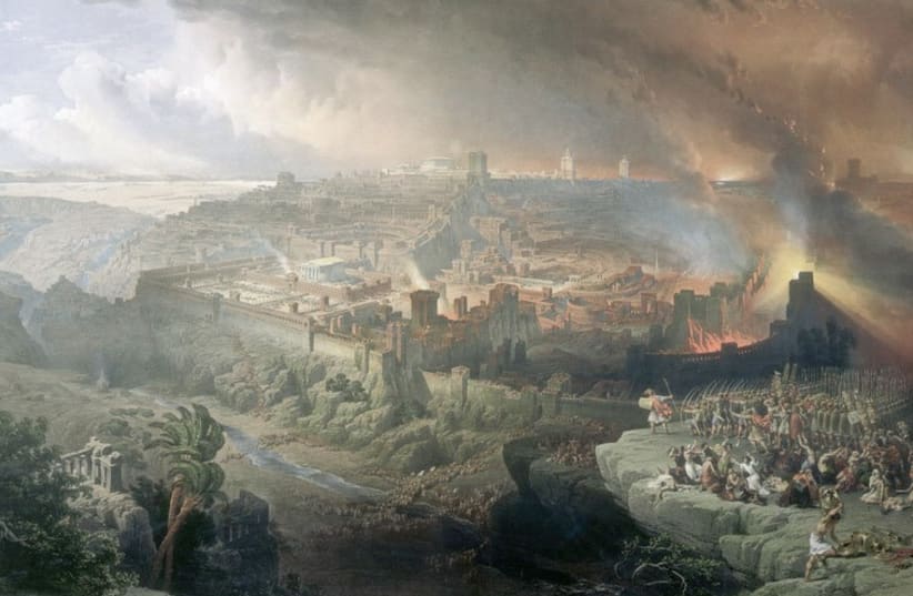 A painting by David Roberts, 1850, titled ‘The Siege and Destruction of Jerusalem by the Romans Under the Command of Titus, AD 70.’ (photo credit: Wikimedia Commons)