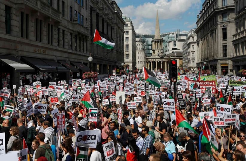 Demonstrators join a march to support the people of Gaza, in central London August 9, 2014. (photo credit: REUTERS)