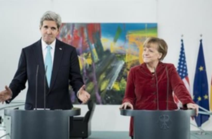 US Secretary of State John Kerry and German Chancellor Angela Merkel (photo credit: REUTERS)