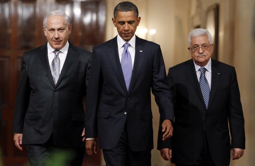 Benjamin Netanyahu, Barack Obama and Mahmoud Abbas (photo credit: REUTERS)