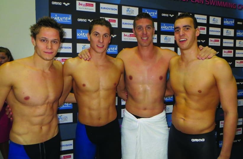 Israel’s 4x100-meter freestyle relay team (from left: David Gamburg, Liran ‘Alexi’ Konovalov, Nimrod Shapira and Tom Kremer) improved the national record twice yesterday on the way to a sixth-place finish at the European Championships in Berlin. (photo credit: ISRAEL SWIMMING ASSOCIATION)
