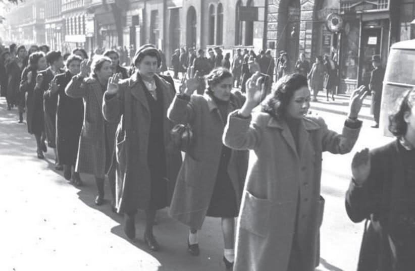 Jewish women are rounded up by Nazis and Hungarian fascists, Wesselényi Street, Budapest, October 1944. (photo credit: WIKIPEDIA / GERMAN FEDERAL ARCHIVE)
