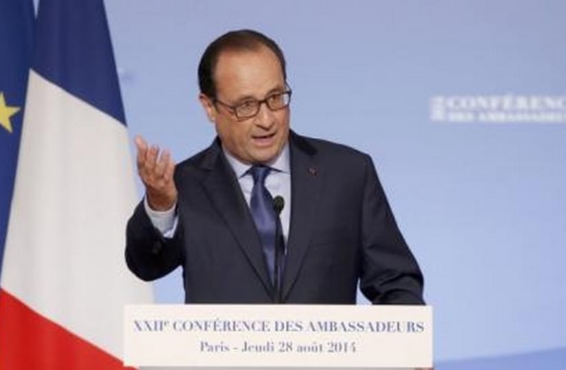 French President Francois Hollande delivers a speech during the annual Conference of Ambassadors in Paris August 28 (photo credit: REUTERS)