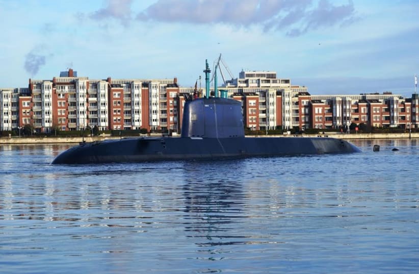 Israel’s fourth submarine, currently en route from Germany (photo credit: IDF SPOKESMAN'S OFFICE)