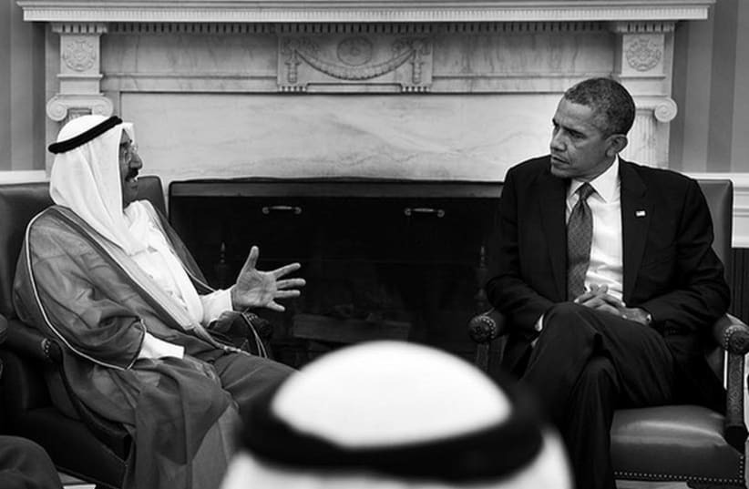 Former president Barack Obama holds a meeting with Sheikh Sabah Al-Ahmad Al-Jaber Al Sabah, the emir of Kuwait, September 13, 2013 (photo credit: OFFICIAL WHITE HOUSE PHOTO / PETE SOUZA)