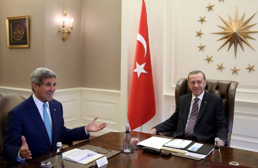 US Secretary of State John Kerry (L) and Turkey's President Tayyip Erdogan meet in Ankara September 12, 2014. (photo credit: REUTERS)