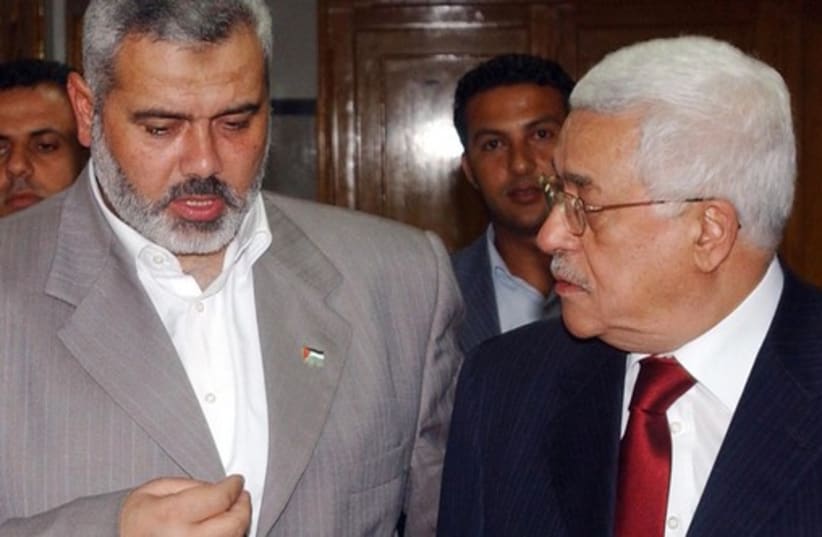 PA President Mahmoud Abbas and Hamas leader Ismail Haniyeh [file] (photo credit: REUTERS)