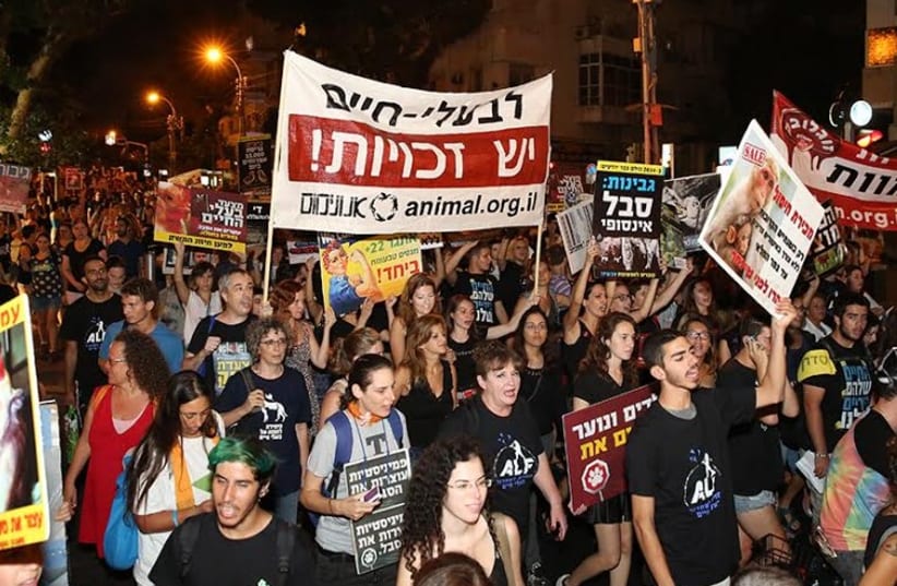 Animal rights activists marching in Tel Aviv, Sept 19, 2014 (photo credit: REVITAL TOPIOL)