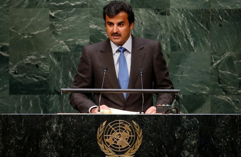 Sheikh Tamim bin Hamad Al-Thani of Qatar addresses the UN General Assembly in New York. (photo credit: REUTERS)