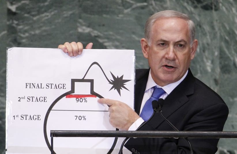 Netanyahu warns against nuclear Iran at 2012 UN General Assembly (photo credit: REUTERS)