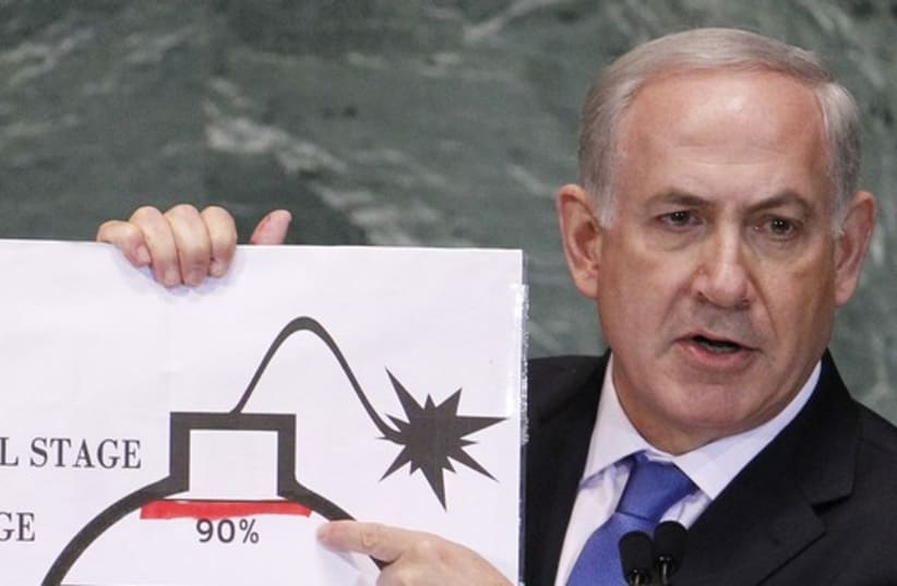 Netanyahu warns against nuclear Iran at 2012 UN General Assembly (photo credit: REUTERS)