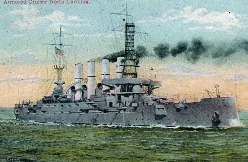 A postcard showing the USS North Carolina, which helped to deliver the first packages of financial aid to the Jews of Palestine. (photo credit: COURTESY US NAVY PHOTO ARCHIVE)