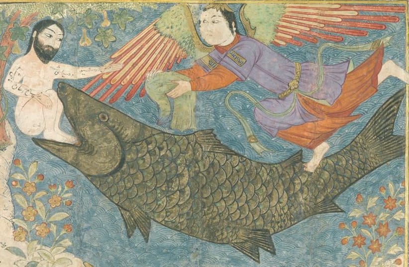 An artistic rendition of ‘Jonah and the Whale’ as part of the Jami’ al-tawarikh, the 14th-century Persian literary compilation of history and culture. (photo credit: Wikimedia Commons)
