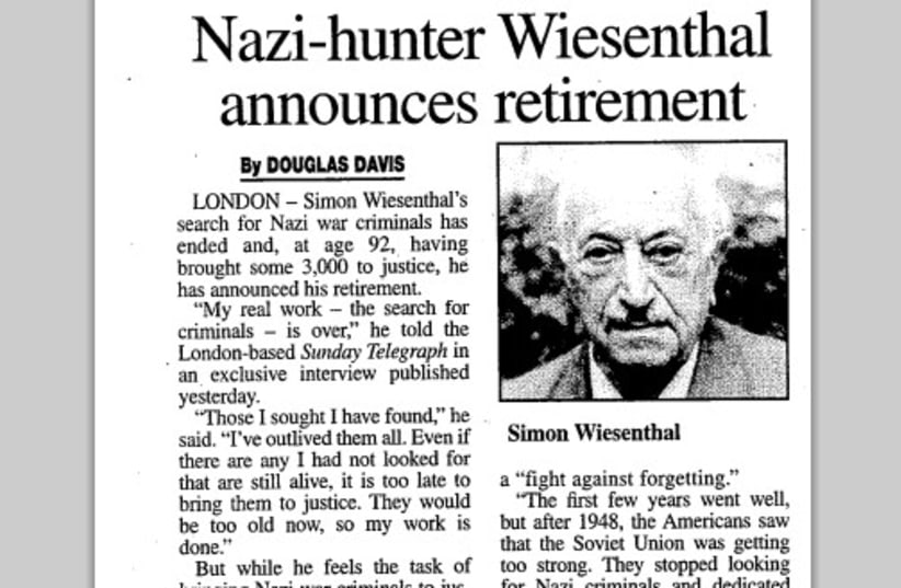 This Week in History: Nazi hunter Simon Wiesenthal retires (photo credit: ARCHIVE)