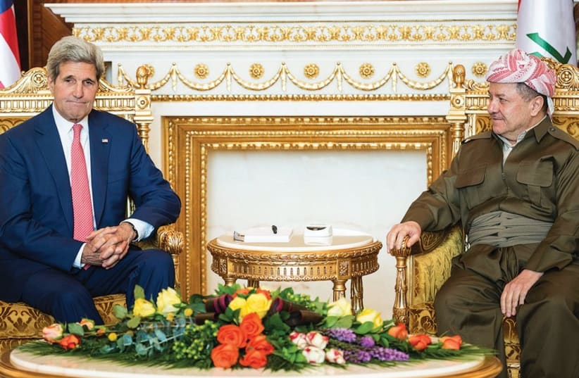 KURDISTAN REGIONAL Government President Massoud Barzani meets with US Secretary of State John Kerry at the presidential palace in Arbil (photo credit: REUTERS)