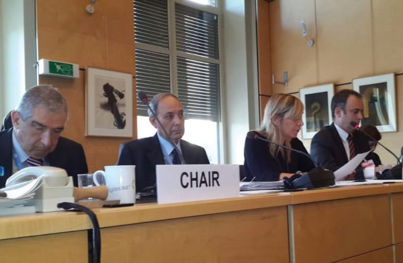 Justice Ministry director-general Emi Palmor (2nd from right) addresses the UN Human Rights Committee in Geneva October 20, 2014. (photo credit: JUSTICE MINISTRY)