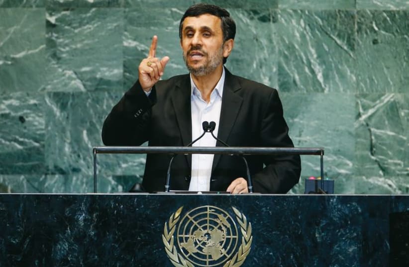 Former Iranian president Mahmoud Ahmadinejad addresses the UN General Assembly in New York in 2012. (photo credit: REUTERS)