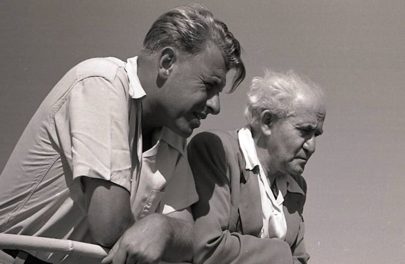 Teddy Kollek and David Ben-Gurion on the Kinneret. (photo credit: NAFTALI OPPENHEIM/ BEIT YIGAL ALLON ARCHIVES, GINOSSAR)