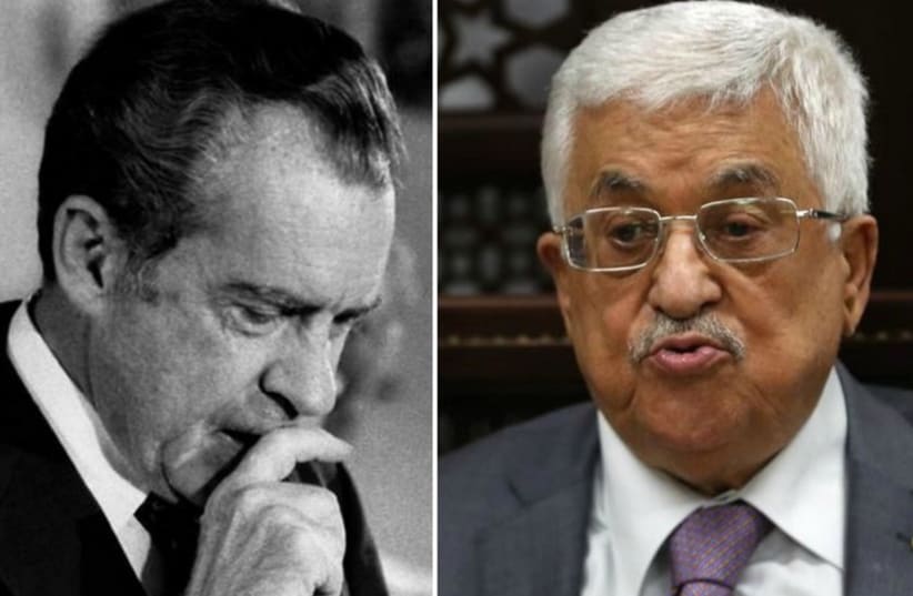 Former US President Richard Nixon (L) and Palestinian Authority President Mahmoud Abbas (photo credit: REUTERS)