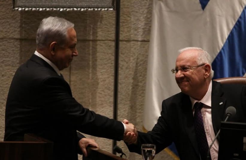 Prime Minister Benjamin Netanyahu, President Reuven Rivlin at opening of Knesset's winter session, October 27 (photo credit: KNESSET SPOKESMAN'S OFFICE)
