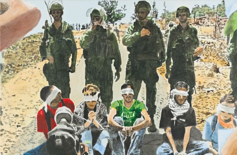 Israeli security forces stand watch over detained protesters as the media capture the moment, a painted interpretation of a film still. (photo credit: DAVID REEB)