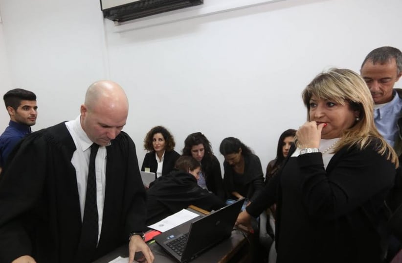 Shula Zaken at Talansky Affair retrial where she testified against her former boss, Ehud Olmert (photo credit: GIL YOCHANAN/POOL)
