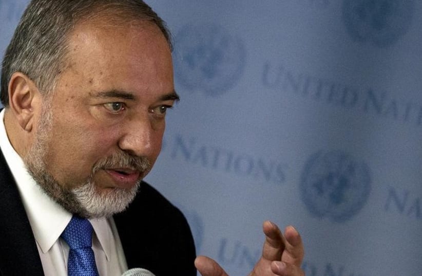 Foreign Minister Avigdor Liberman speaks to the press at the United Nations General Assembly (photo credit: REUTERS)