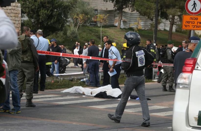 Scene of terror attack in Jerusalem, Nov 5. (photo credit: MARC ISRAEL SELLEM/THE JERUSALEM POST)