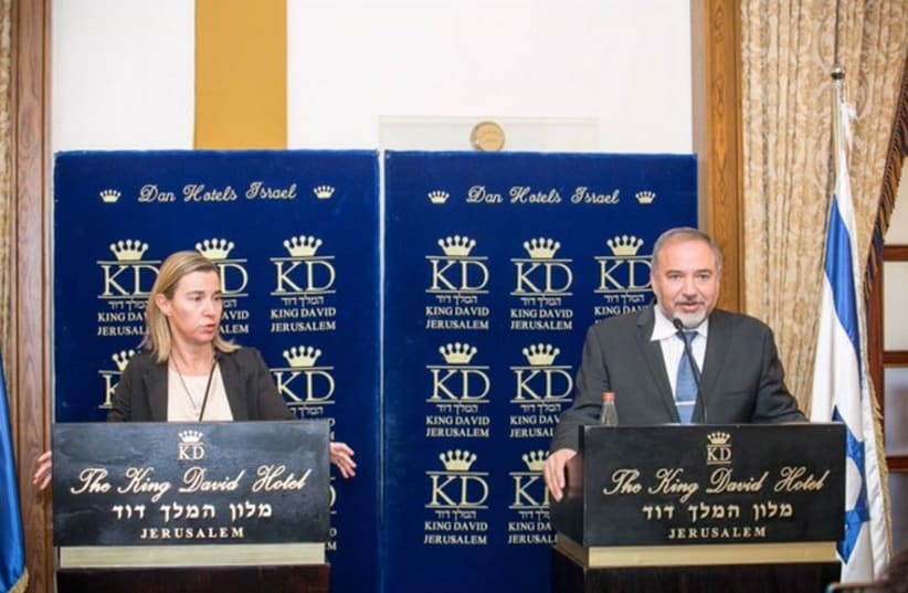 Foreign Minister Avigdor Liberman, EU's new foreign policy chief, Federica Mogherini at at Jerusalem's King David Hotel (photo credit: NOAM MOSKOVICH)