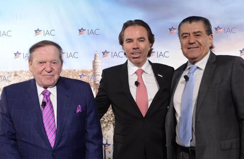 Sheldon Adelson, Shawn Evenhaim and Haim Saban at IAC conference (photo credit: SHAHAR AZRAN)