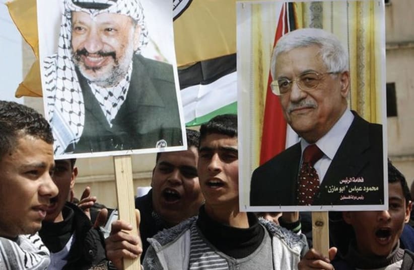 Twin inspirations: Abbas inflames his volatile masses in eerily the same idiom as Arafat (photo credit: REUTERS)
