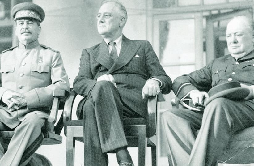 Joseph Stalin, Franklin D. Roosevelt, and Winston Churchill, 1943. (photo credit: Wikimedia Commons)