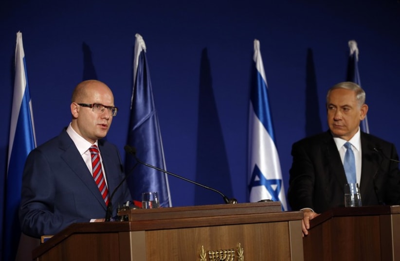 Czech Republic's Prime Minister Bohuslav Sobotka speaks during joint statements with Binyamin Netanyahu (photo credit: REUTERS)
