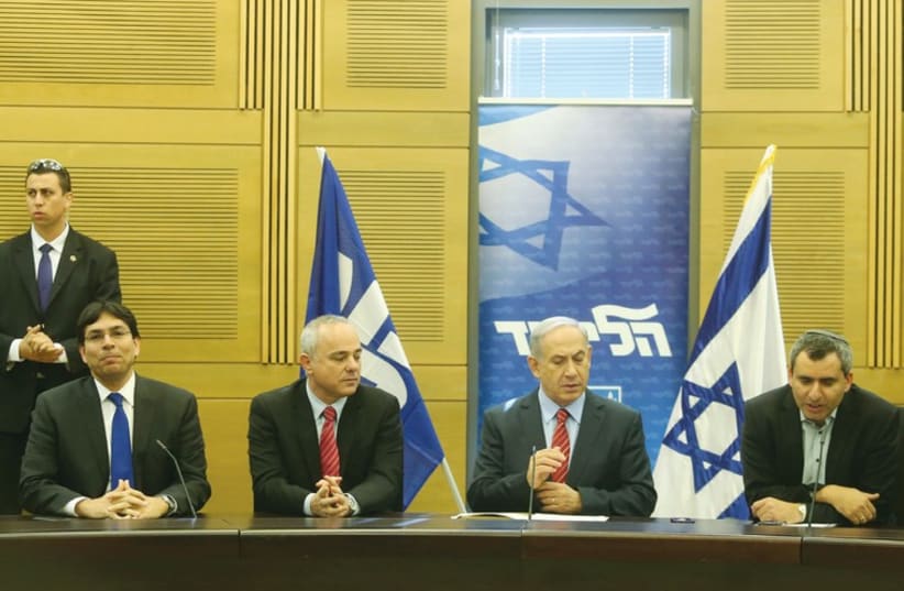 Danny Danon, Yuval Steinitz, Benjamin Netanyahu and Ze’ev Elkin. (photo credit: MARC ISRAEL SELLEM/THE JERUSALEM POST)