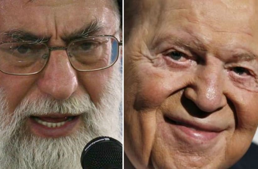 Iranian Supreme Leader Ayatollah Ali Khamenei (L) and casino magnate Sheldon Adelson (photo credit: REUTERS)