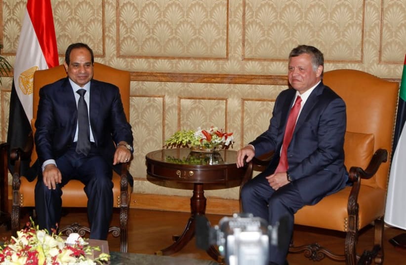 Jordan's King Abdullah (R) meets with Egypt's President Abdel Fattah al-Sisi at the Royal Palace in Amman December 11, 2014. (photo credit: REUTERS)