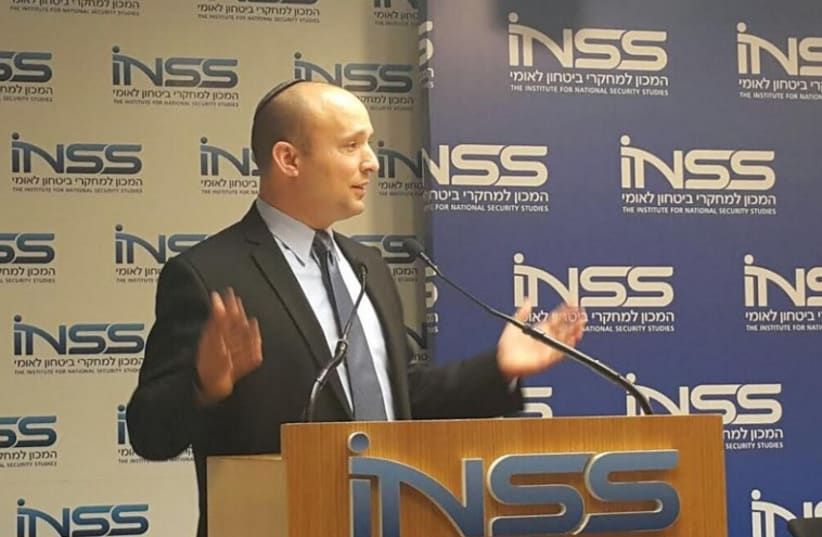 Economy Minister Naftali Bennett speaks at INSS in Tel Aviv, Dec. 18, 2014 (photo credit: BAYIT YEHUDI SPOKESMAN)