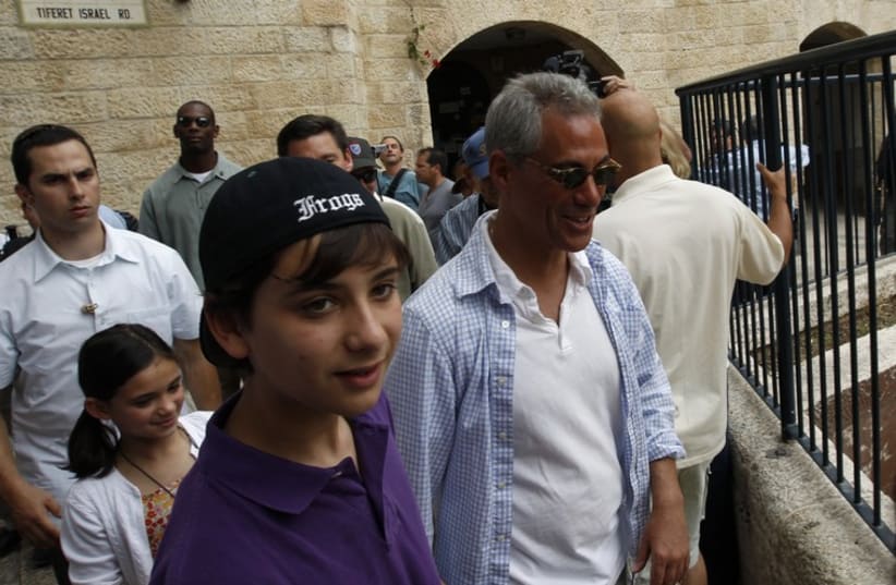 Rahm Emanuel (R) and his son Zach visit the Jewish Quarter of Jerusalem's Old City May 27, 2010. (photo credit: REUTERS)