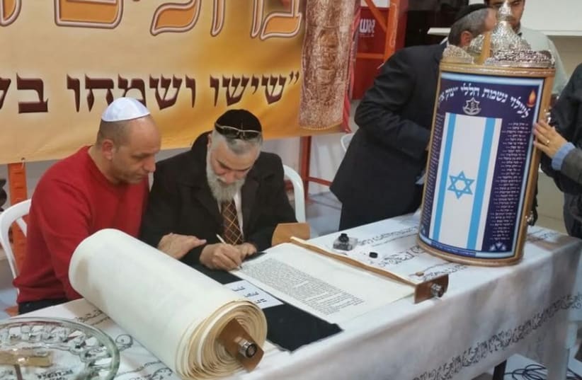 Torah scroll dedicated in name of fallen soldiers from Gaza conflict (photo credit: ALBERT GABBAI)