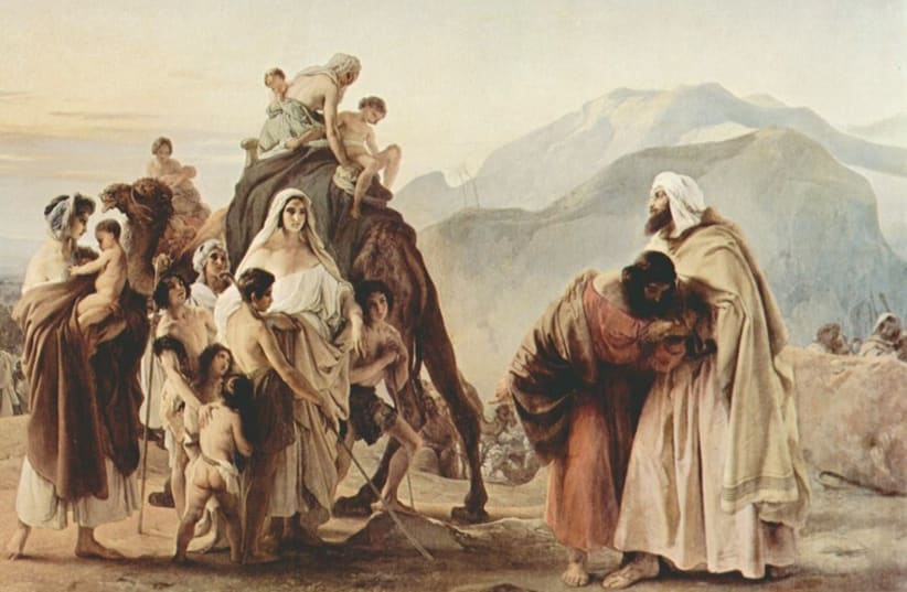 ‘Esau and Jacob reconcile,’ by Italian painter Francesco Hayez, 1844. (photo credit: Wikimedia Commons)