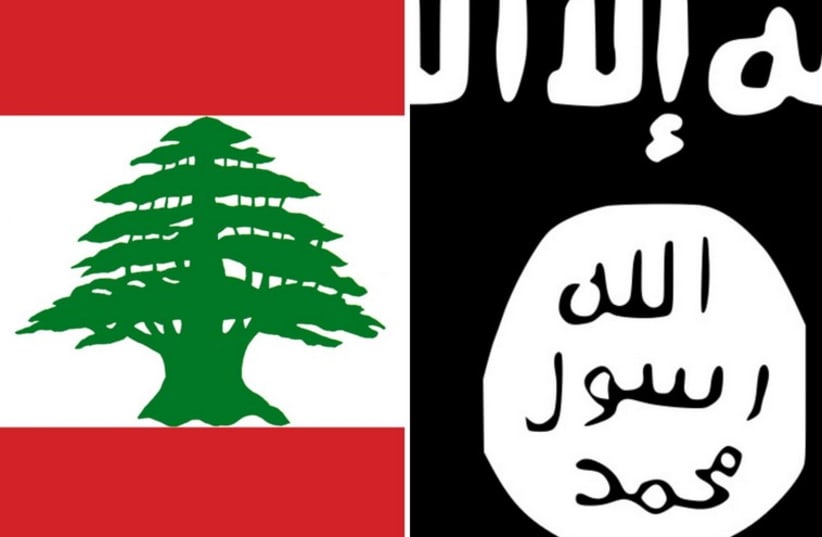 The flags of Lebanon and Islamic State (photo credit: Courtesy)