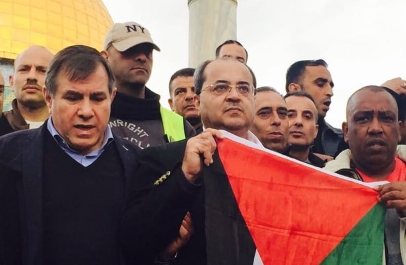 UAL-Ta'al MK Ahmad Tibi holds a Palestinian flag on Temple Mount (photo credit: Courtesy)