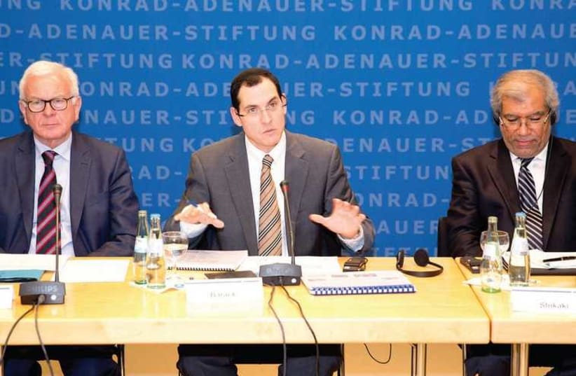 Speaking at the Konrad Adenauer Foundation are, from left, Dr. Hans-Gert Pottering, Mitchell Barak, Prof. Dr. Khalil Shikaki (photo credit: KAS)