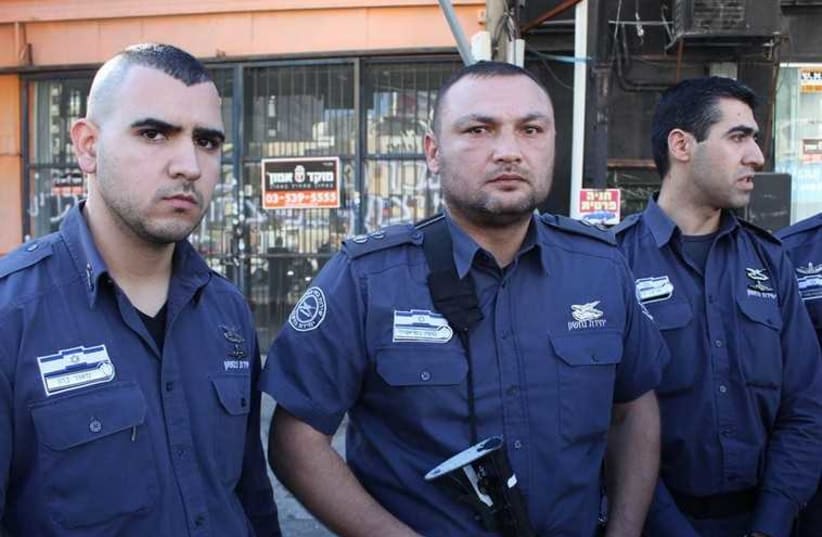 The officers from the Israel Prison Service unit that stopped the attacker in Tel Aviv (from the Nahson unit) (photo credit: BEN HARTMAN)