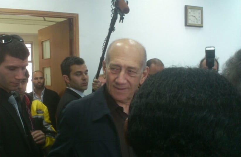 Ehud Olmert in court for closing arguments in the Talansky retrial (photo credit: YONAH JEREMY BOB)