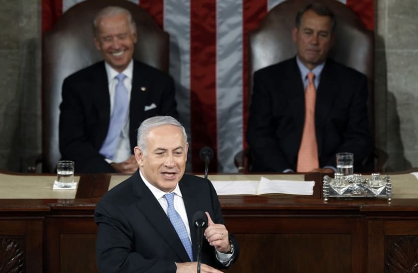 Prime Minister Benjamin Netanyahu addresses US Congress in 2011 (photo credit: REUTERS)