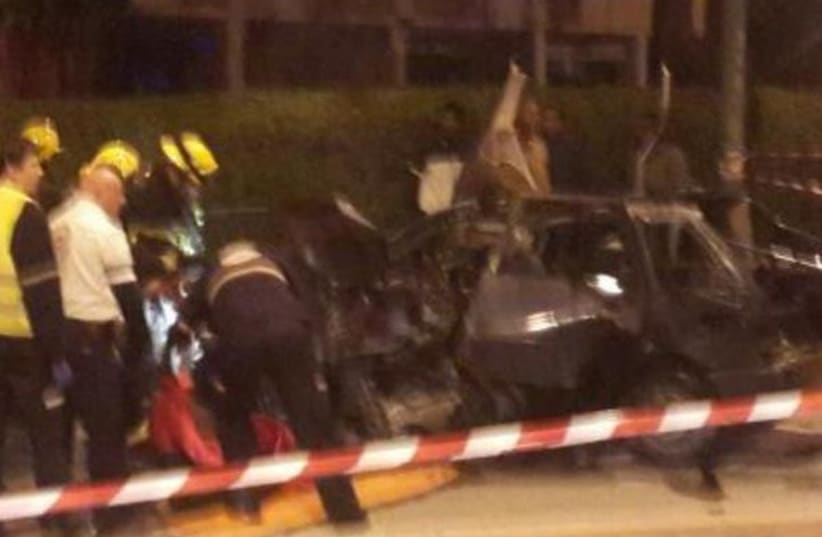 Wreckage of the car bomb explosion in Rehovot (photo credit: ISRAEL POLICE)
