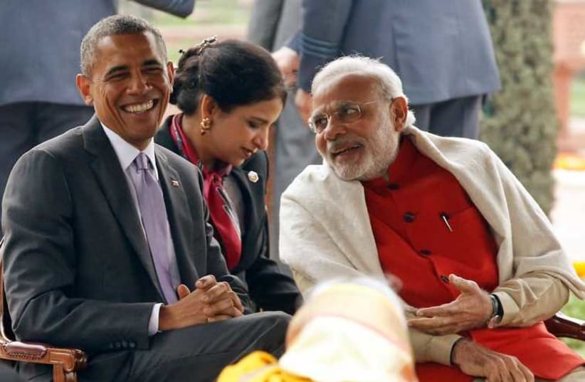 US President Barack Obama and India's Prime Minister Narendra Modi at the Rashtrapati Bhavan presidential palace in New Delhi, January 26 (photo credit: REUTERS)